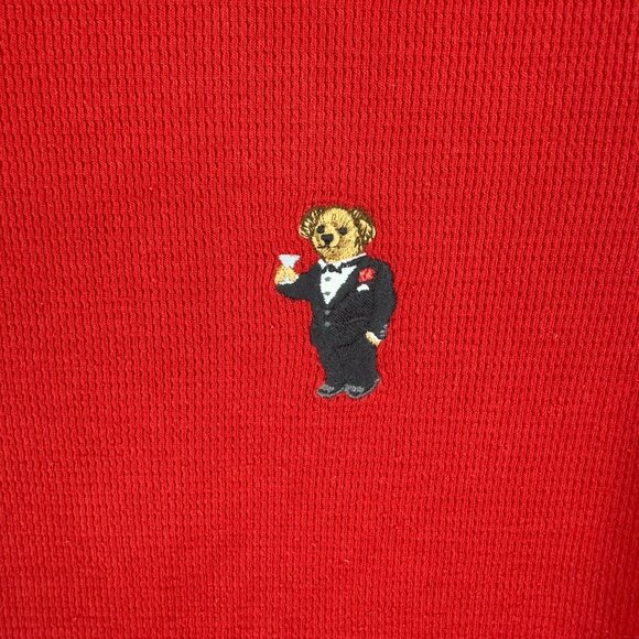 Polo Ralph Lauren Shirt Men M Red Waffle Knit Thermal Long Sleeve Tuxedo Bear - Picture 3 of 9